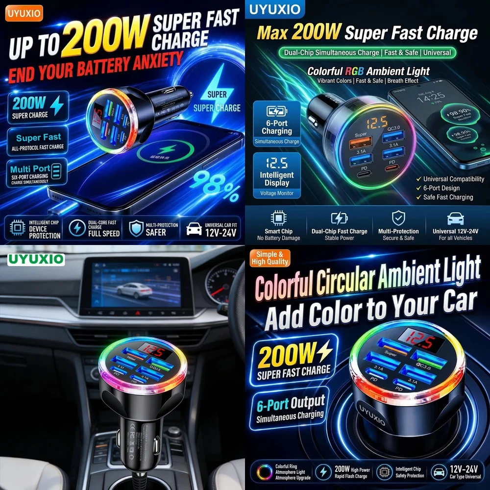 Multi Port USB C Fast Car Charger Electronics Products for iPhone 18 17 16 Samsung S26 S25 S24 with Multi Port Fast Charger