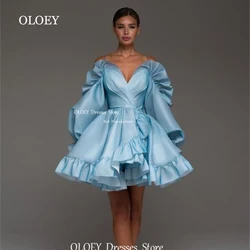 OLOEY Sexy Blue Mini Prom Cocktail Dresses Ruffles Pleated Satin Evening Dresses Wedding Party Dress Deep Sweetheart Long Sleeve