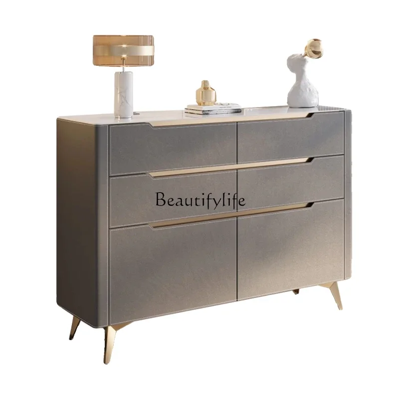 

ls 42Italian minimalist saddle leather rock slab dining side cabinet living room household entrance tea storage cabinet