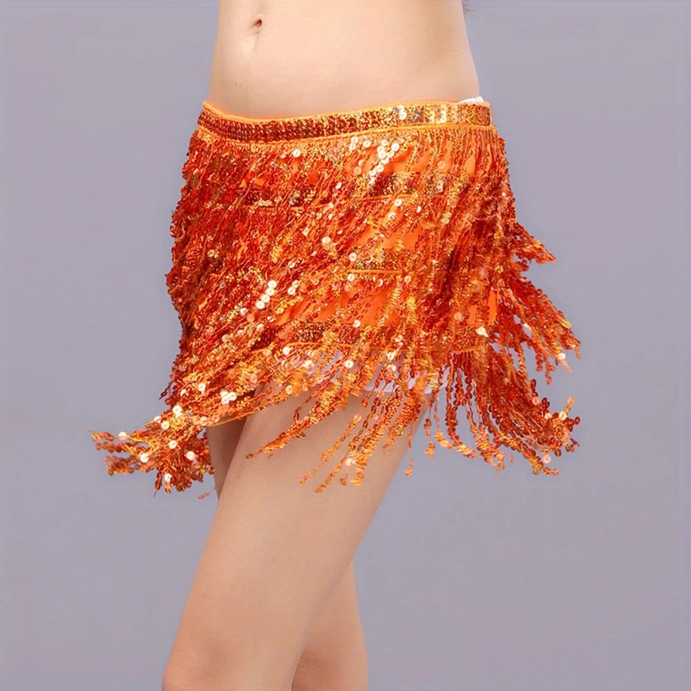 Falda de actuación de danza del vientre de Halloween: borla bohemia, cadena de cintura con bufanda de cadera de 4 capas para espectáculos de DS Bar