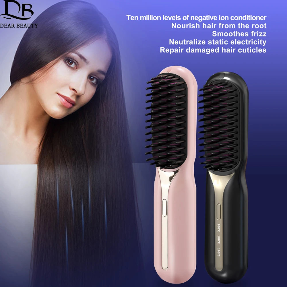 

Wireless Professional Hair Straightener Comb Fast Heating Straightening Curling Iron Brush Negative Ion Smooth Fluffy Hot Comb