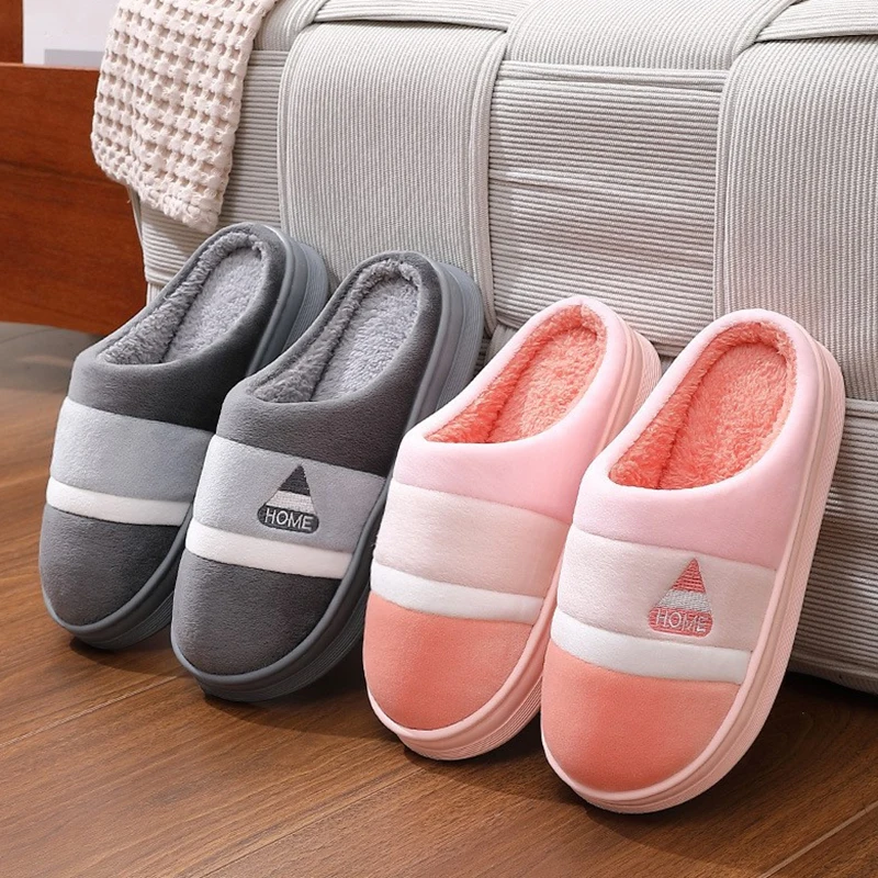 

Women Cotton Slippers Men Warm Shoes Couples Concise Autumn Winter Home Anti-Slip Thick Bottom Slides Indoor Plush Floor Flats