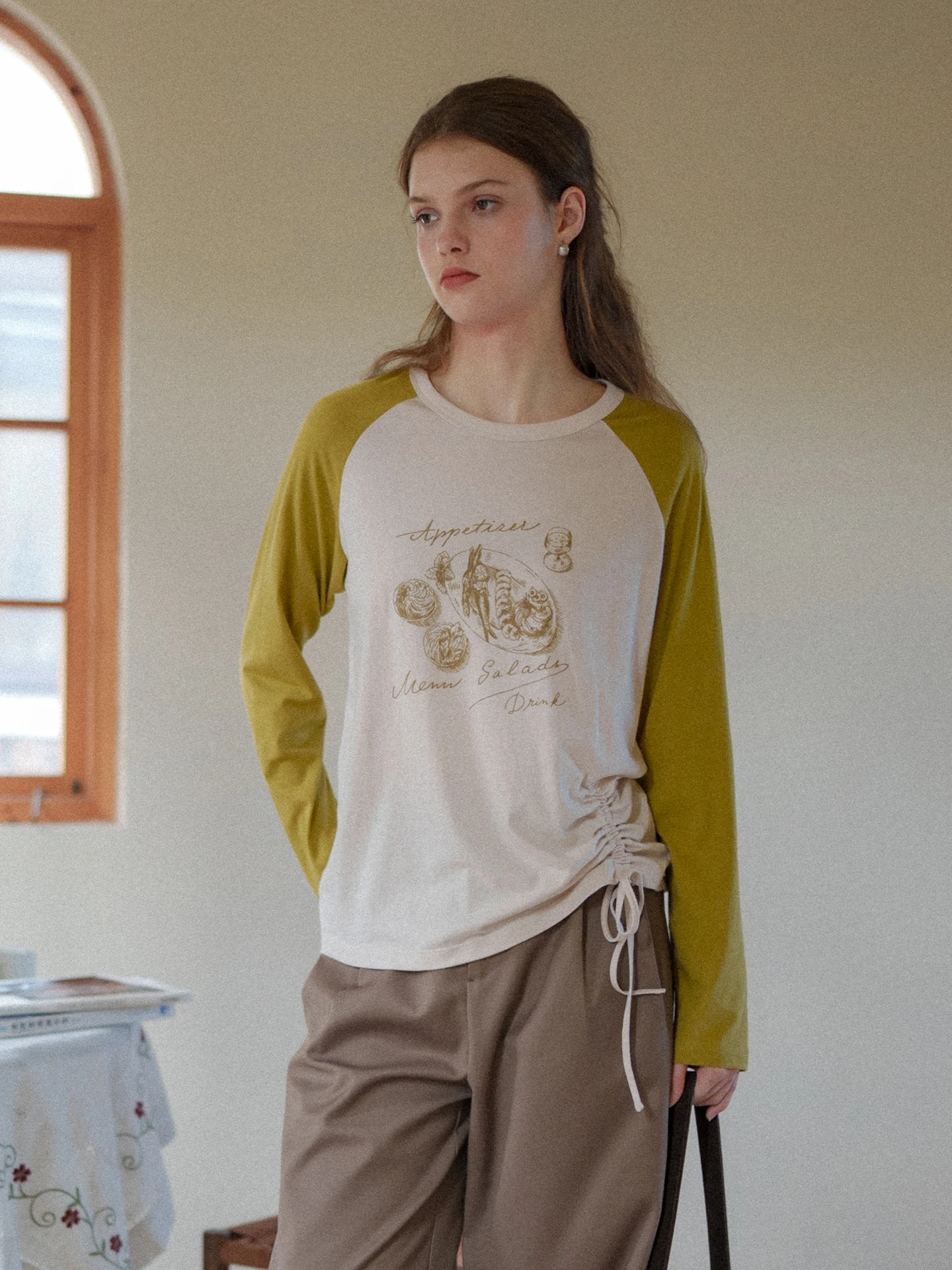 

Retro Style Long Velvet Cotton Silk Loose T-Shirt Women's round Neck Pullover with Sash Print Design Wool Blend Spring Autumn