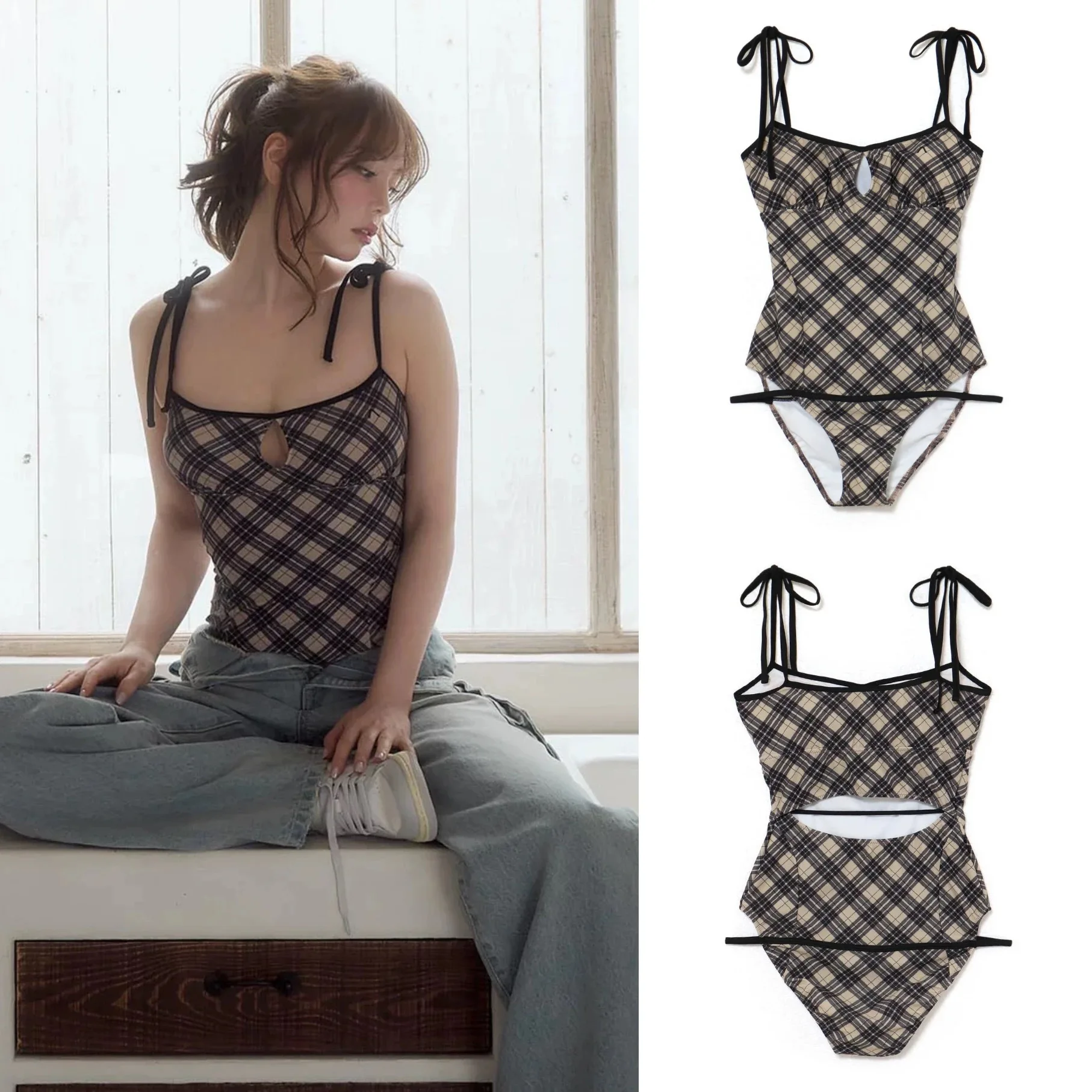 

2026 Summer Plaid Suspender One-piece Swimsuit Sweet Kawaii Girl Bow Strap Slim Sexy Japanese Women's Beach Vacation Swimsuit