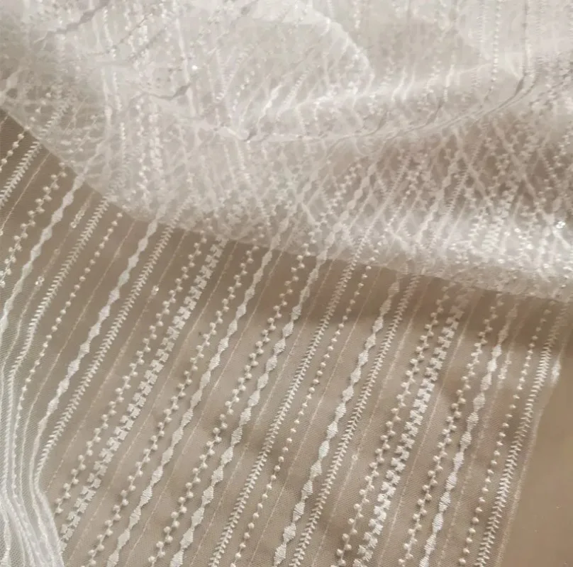 White Three Dimensional Vertical Striped Lace Tulle Fabric for DIYing Wedding Gown and Party Dress Accessories