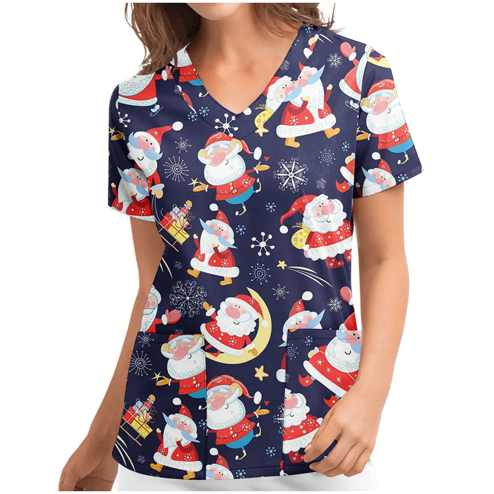 Christmas Elements Snowman Printed Polyester V Neck Shirt Women Men's Work Clothes Medical Uniform Doctor Nurse Scrub Tops