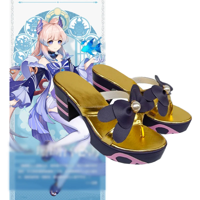 Genshin Impact Inazuma Sangonomiya Kokomi Cosplay Shoes Women Wooden Geta Clogs Shoes High Heels Bow Halloween Party Props