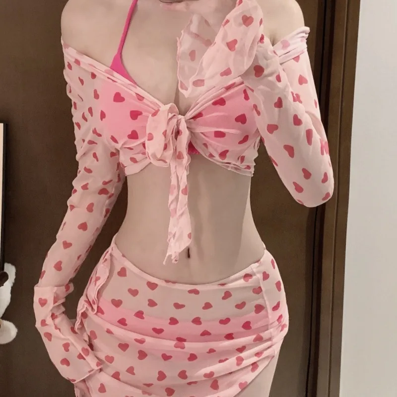 مثير القلب بيكيني مطبوع مجموعة النساء ملابس السباحة شيك أربع قطع بسيطة أزياء الإناث ملابس عطلة الاستحمام بحر