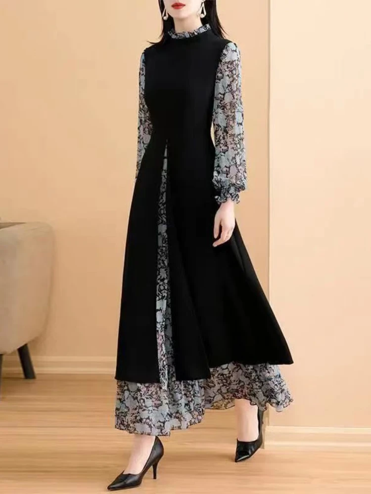 Vintage vestidos de manga longa moda feminina versátil projetado floral famoso senhoras roupas projetado temperamento suave estética ins