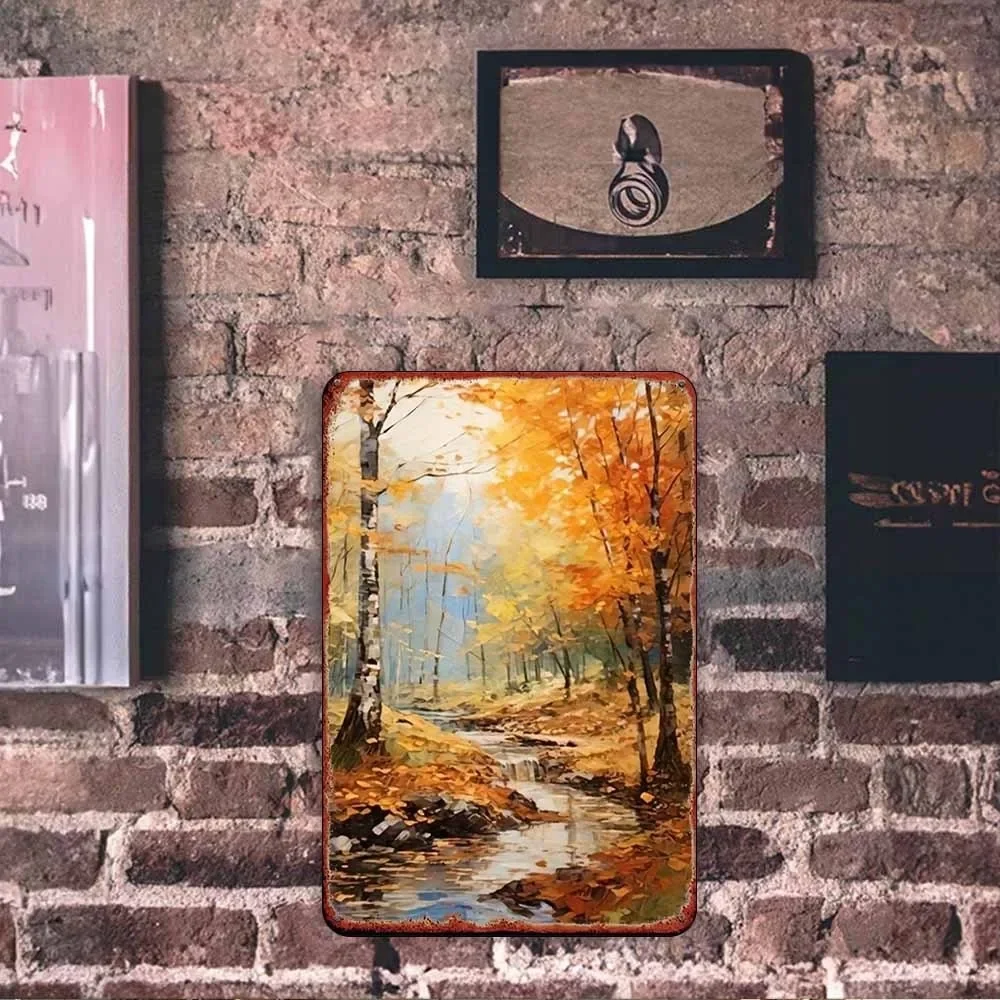 1PC Durable 2D Flat Metal Autumn Forest Stream Sign, Rustic Nature Art Hanging Ornament for Home Bar Garden Outdoor Decor