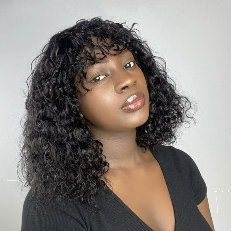 Water Wave Human Hair Bob Wigs With Bangs Fringe Middle Part Short Bob Wigs Realistic Scalp Brazilian Human Hair Wig 8-16 Inch
