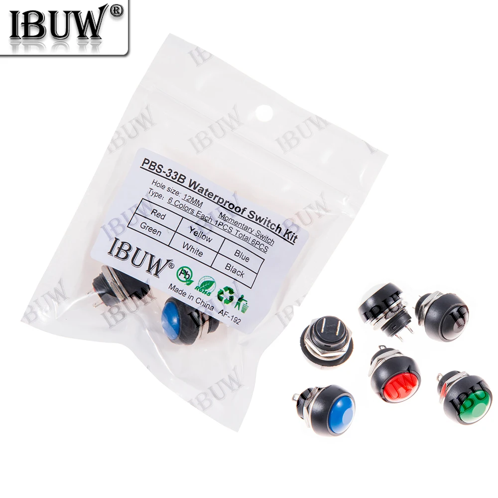 6PCS Mini 12mm Waterproof Momentary ON/OFF Push Button Round Switch PBS-33B KIT White Black Red Yellow Green Blue PBS33B