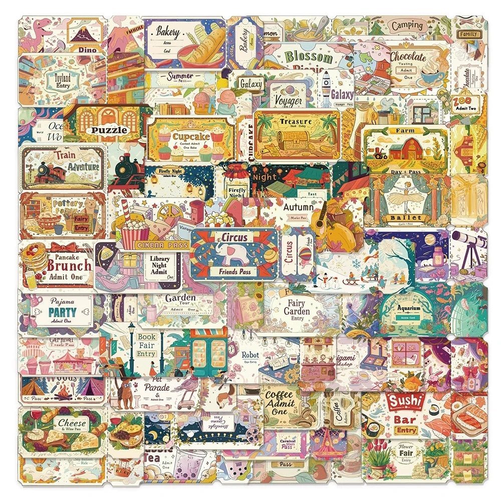 10/30/50pcs Vintage Dream Ticket Cartoon Stickers INS Style Aesthetic Decals DIY Journal Notebook Diary Waterproof Retro Sticker