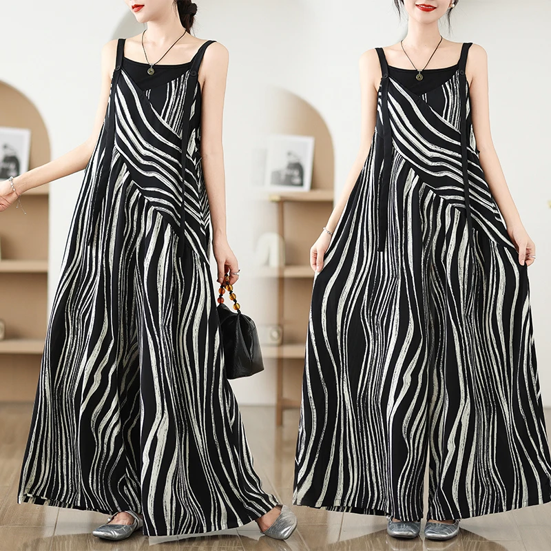 Retro Faionable Loose Thin Strap Rer Summer Wear High Waist Wide Leg Pants Long Pants High Waist All-Match Casual Pants