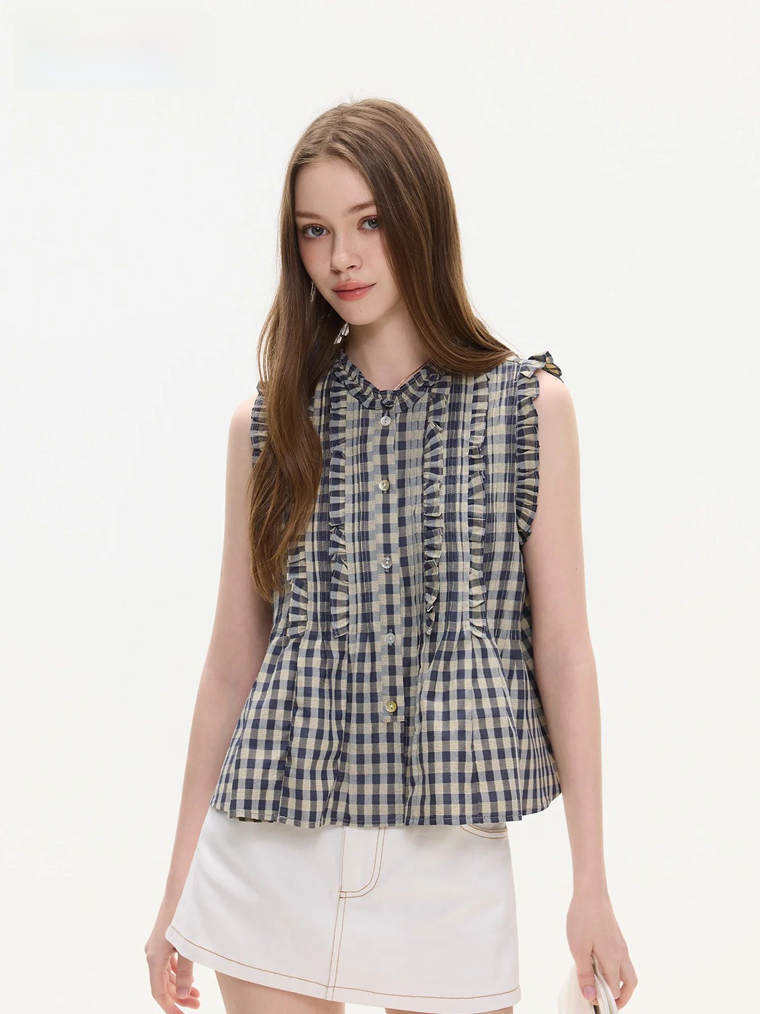 

Женская летняя новая свободная футболка без рукавов в корейском стиле с клетчатым кружевным дизайном, прямого кроя, дышащая, укороченная