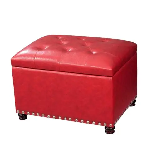 24'' Leather Storage Ottoman Rectangular Foot Rest Stool with Nailhead Trim for Bedroom Living Room(Red)