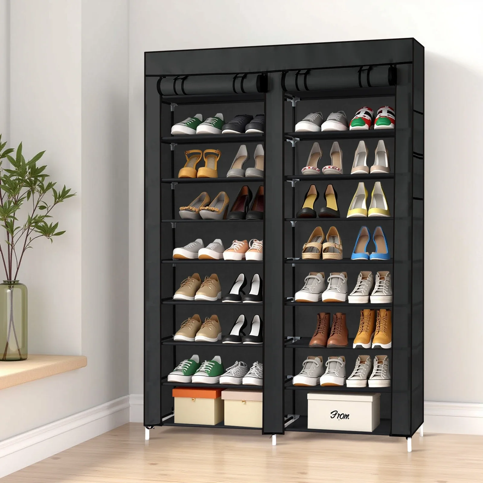 US STOCK FCH Double Row 10-Tier Non-Woven Fabric Shoe Cabinet with Iron Pipes and Plastic Components, Black