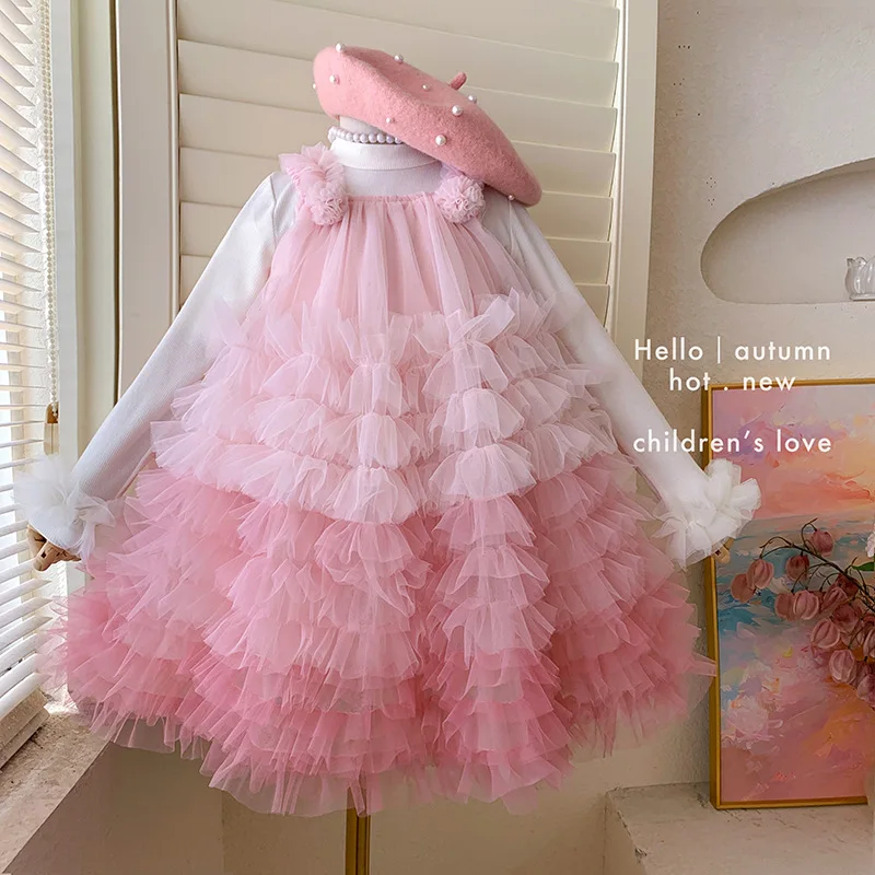 Girls' mesh cake dress set for spring and autumn 2026 new style children's princess dress autumn two-piece set