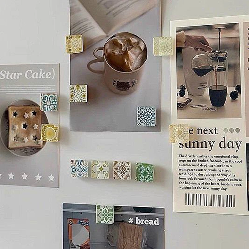 12pcs Creative Colorful Pattern Retro Healing Mosaic Refrigerator Magnet Set Magnetic Decor Hole Board Photo Clip Decoration
