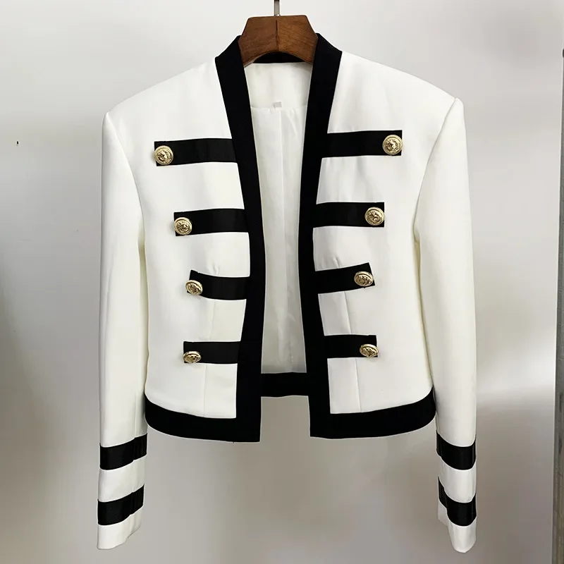 Women\'s White Black Patchwork Blazer Jacket Newest 2024Designer Collarless Lion Buttons Female Clothing Fashion Lady Band Coats