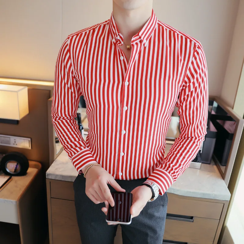 2025 New Autumn Men's Long Sleeve Shirt Korean Style Slim White Striped Shirt Japanese Men Youth Hawaiian Casual Shirt Hawaii