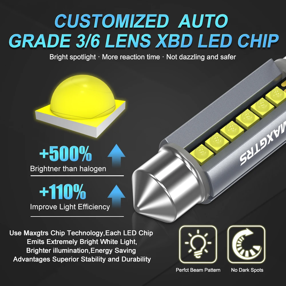 2Pcs MAXGTRS LED C5W C10W 39mm 41mm 42mm LED Festoon Canbus Error Free 6500K White Car Interior Light Reading Dome Trunk Lamp 12