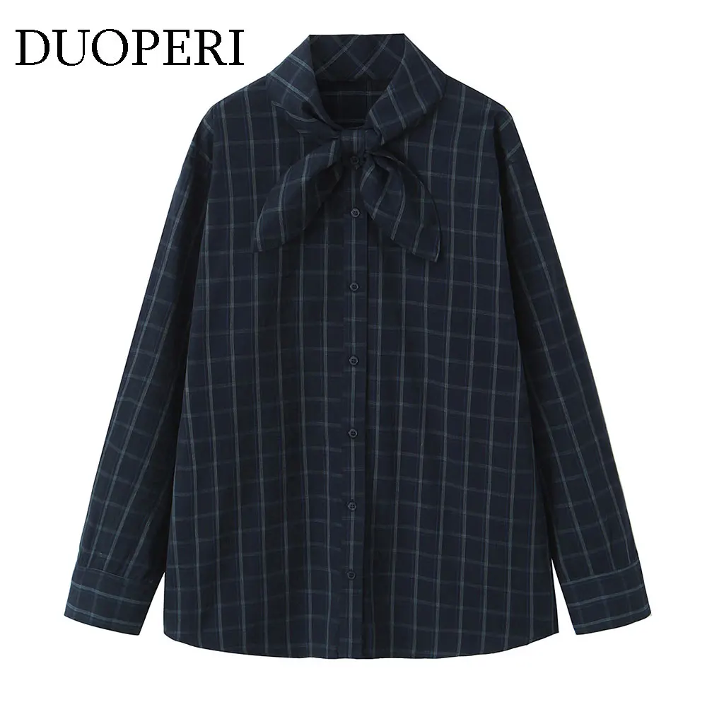 DUOPERI Women Fashion With Bow Plaid Blouse Casual Scarf Collar Long Sleeves Female Elegant Chic Lady Shirts