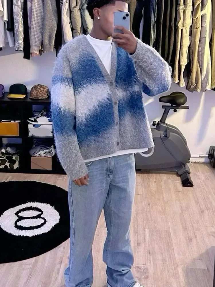 Fashion Tie Dye Cashmere Knitted Sweater Cardigan Men Casual Long Sleeve Single Breasted Jacket 2024 Autumn Warm Woolen Coat