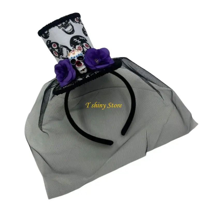N58F 주제 모임을위한 얇은 베일 헤어 피스 파티 장식을 가진 Spooky Halloween 헤어 액세서리 두개골 머리띠