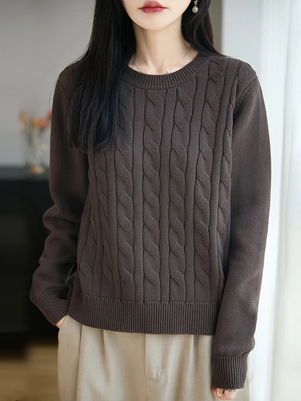 Thickened Pure Cotton Knitted Sweater Women Long Sleeve Loose round Neck Lazy Style Twist Pattern Base Shirt Age Defying