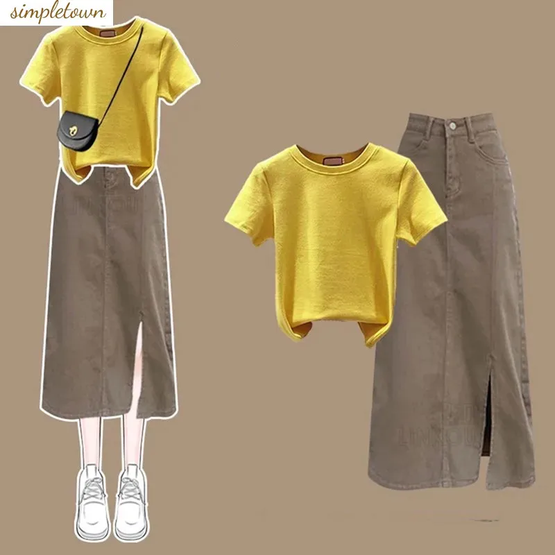 

Spring/Summer Set 2024 New Large Women's Versatile Short Sleeved Top T-shirt with Denim Skirt Two-piece Set