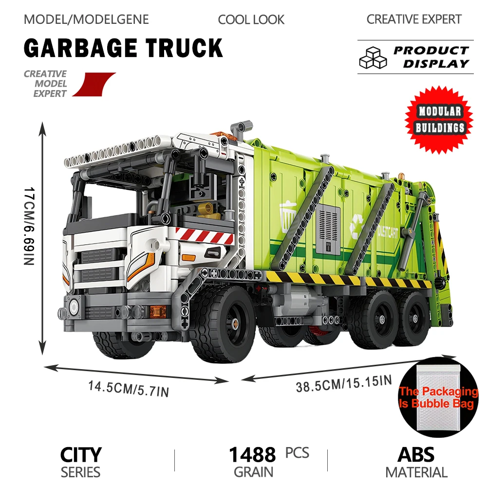 

Movable Retractable Garbage Truck Telescopic Structure Power Remote Control Precision Building Blocks Tech Assembly Model Gifts