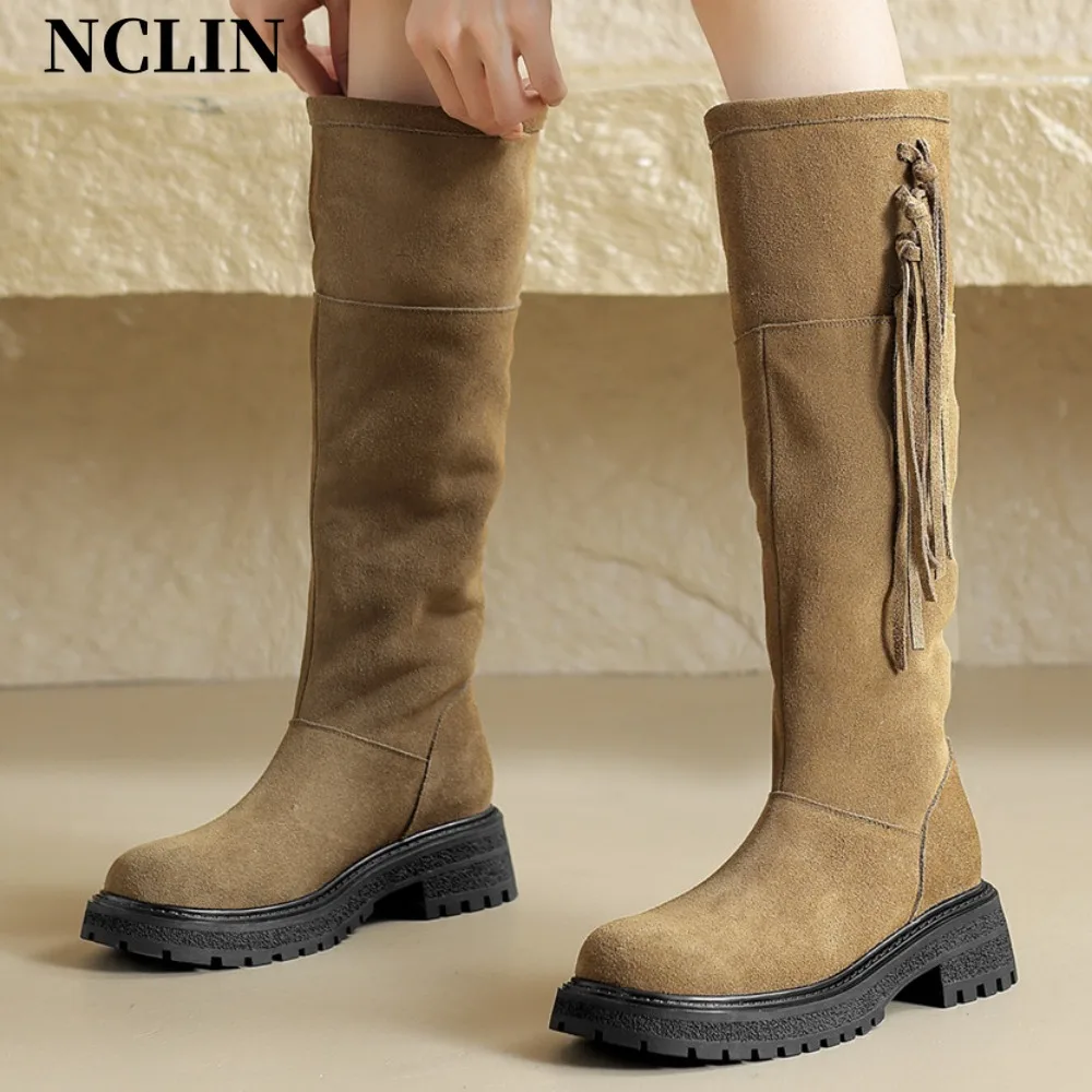 NCLIN Retro Concise Warm Women Knee High Boots Winter Thick Plush High Boots Genuine Leather Quality Shoes Woman Casual Office