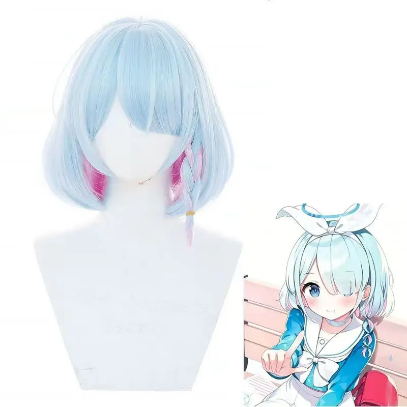 Arona Cosplay Wig Blue Archive Light Blue Bob Wig With Pink Inner Highlights Heat Resistant Synthetic Hair For Halloween Wig