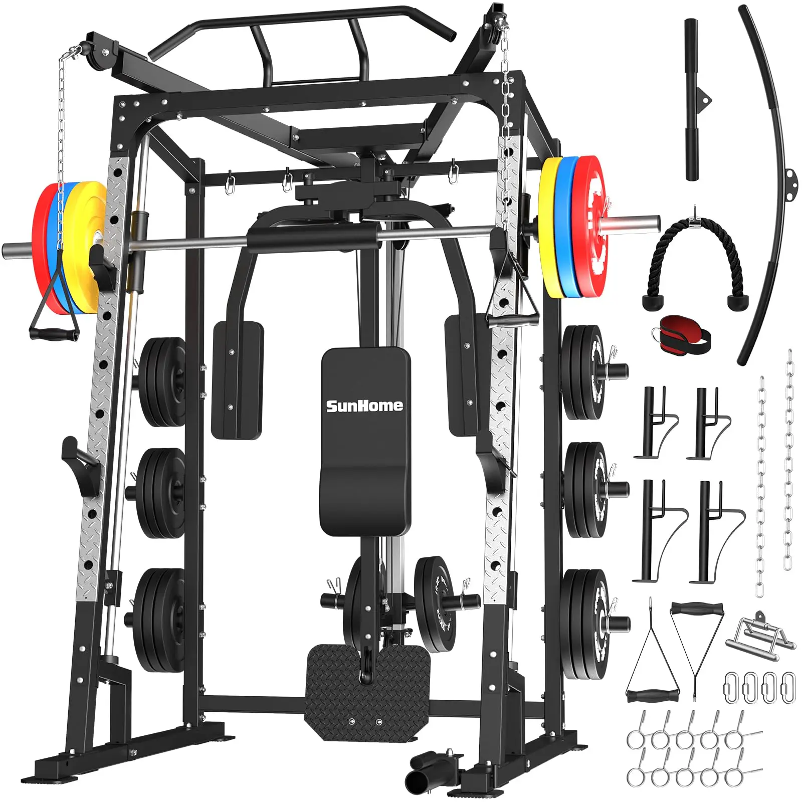 Smith Machine, 2000LBS Power Cage Squat Rack with Smith Bar, LAT Pull-Down Systems, Cable Crossover Machine for Home Gym