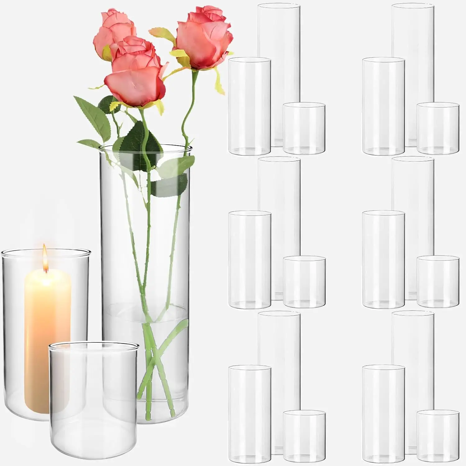 

Surehome Glass Cylinder Vases For Centerpieces, 18 Pcs Glass Hurricane Floating Candle Holder 3 Different Size 4, 8, 12 Inch