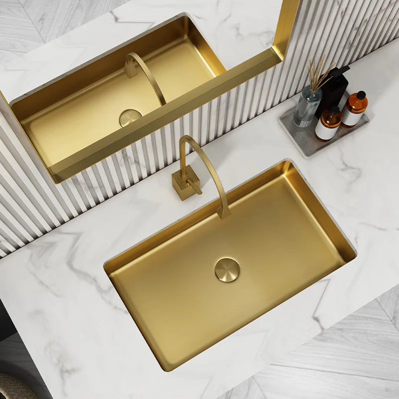 Golden rectangular stainless steel under-counter basin wash basin single basin bathroom embedded washbasin sink