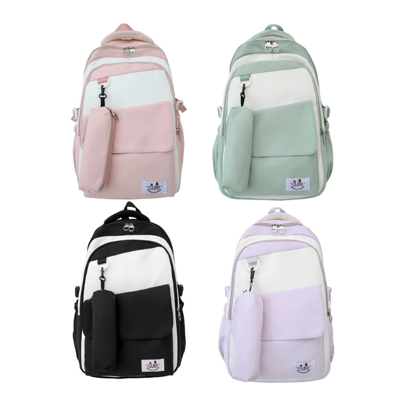 Mochila ombro nylon para uso diário com bolsas lápis Bolsa escolar estética