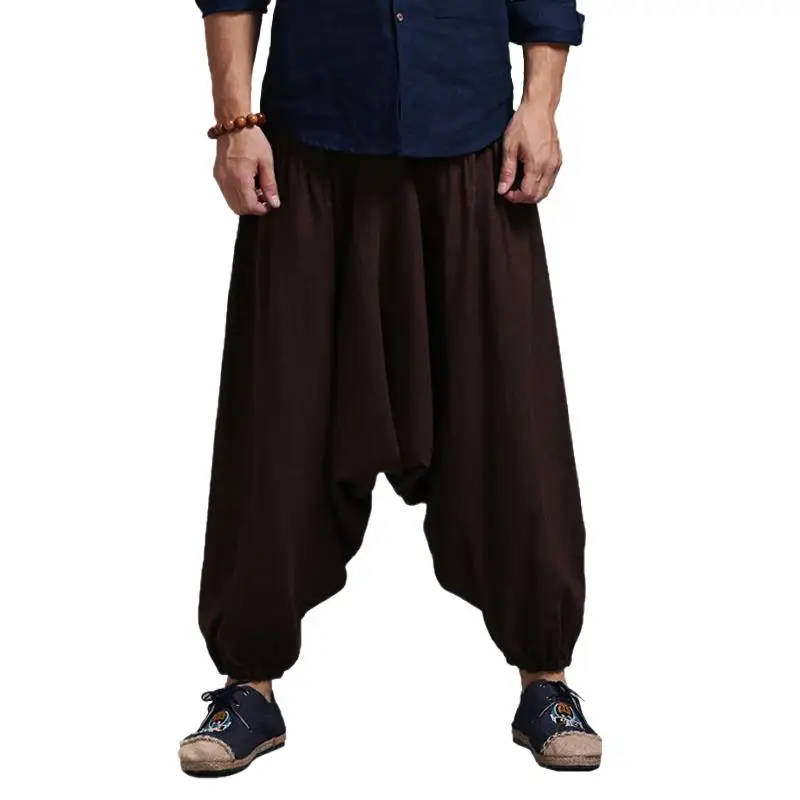 Plus Size M-5XL Spring/Summer Large Crotch Pants Casual Trousers Solid Color Elastic Waist Loose Harem Plants Male Cothing