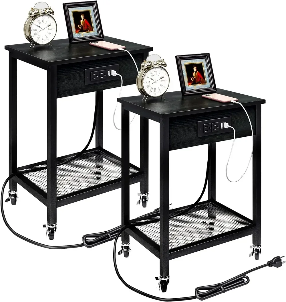 

Набор из 2 настольных тумбочек с зарядной станцией и USB-портами, боковой столик с колесами и полкой для хранения, ночная подставка для гостиной, спальни