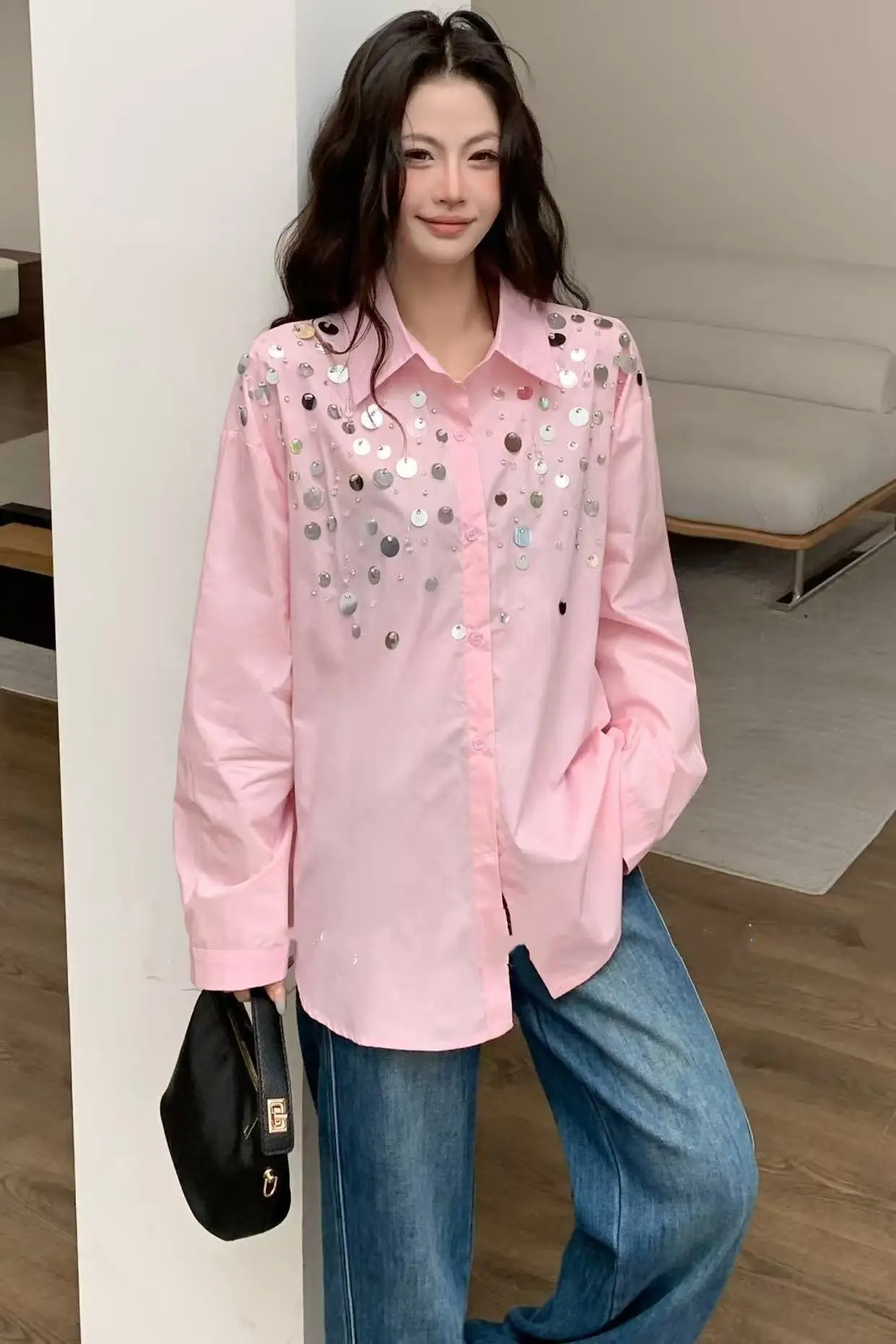 เสื้อผ้าผู้หญิง ดีไซน์หรูหรา ตกแต่งเลื่อม ปักลาย ผ้าฝ้าย แขนยาว สำหรับฤดูใบไม้ผลิและฤดูใบไม้ร่วง