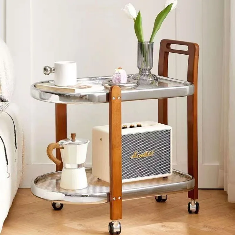 

Vintage Solid Wood Utility Cart Hazy GlassSofa Side Table Ribbed Glass Display Shelf with Handle Mobile Coffee Table on Wheels