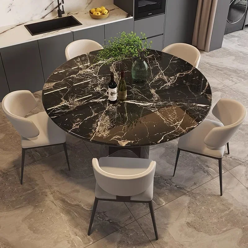 Italian light luxury stone household marble round table with turntable restaurant round table