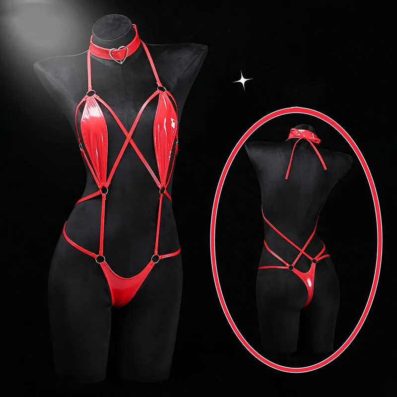 

Sexy Lingerie Bodysuit Erotic Crotchless Leather Jumpsuit Nightgown Patent Leather Underwear Costume Lingerie Leashes Bundle Set