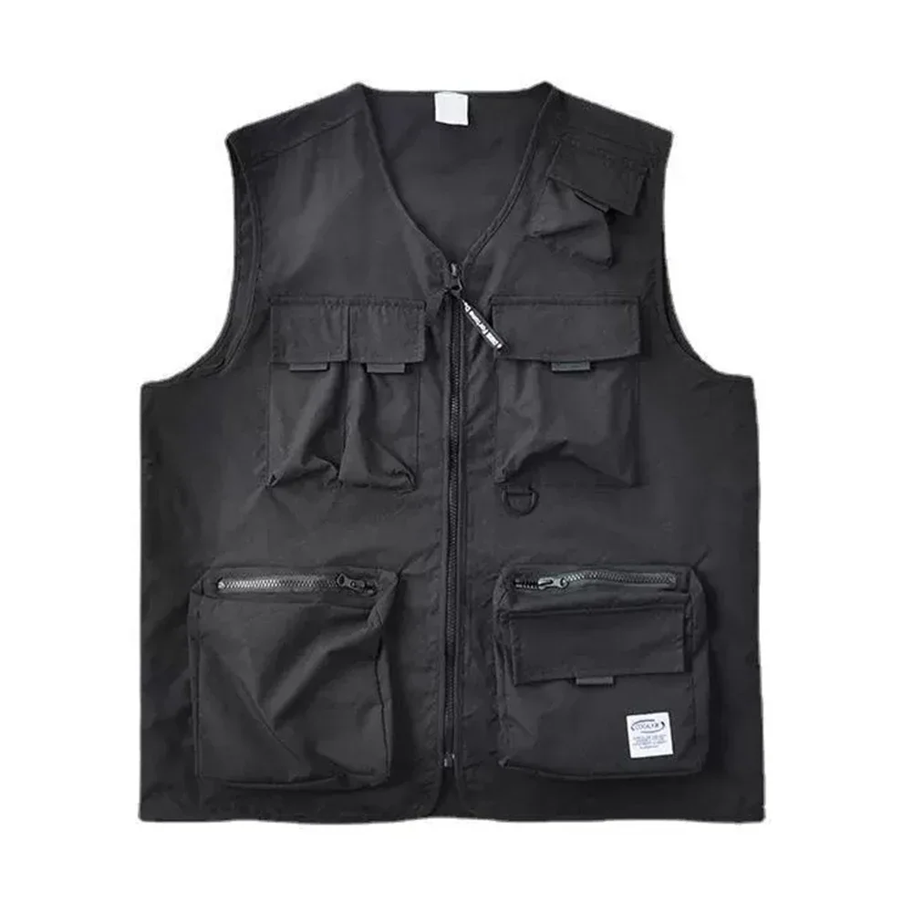 

Beach Holiday Green Men Cargo Vest Multi-pocket Sleeveless Vest Loose Fit Waistcoat V Neck Design Good For Vacation