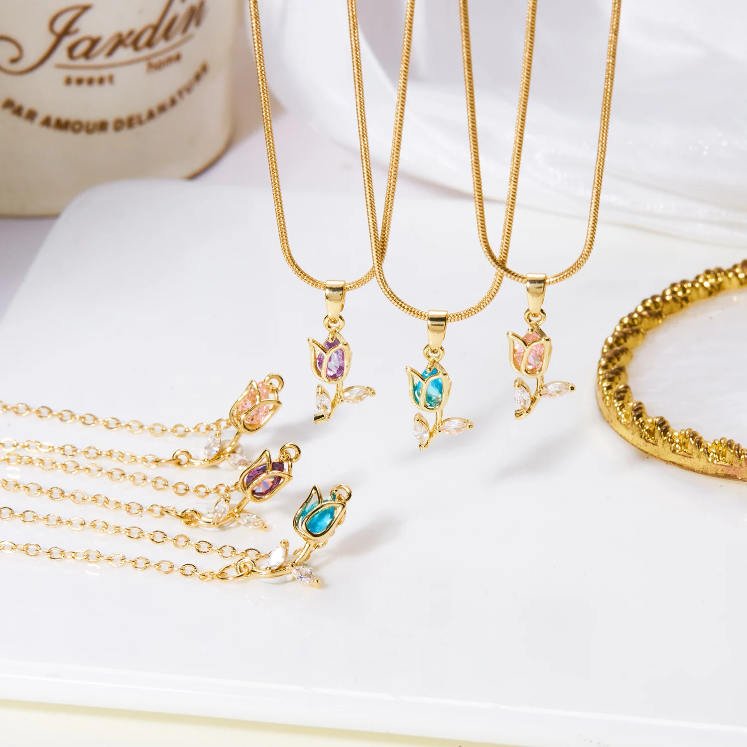 Elegant Sweet Colorful Zircon Tulip Pendant Necklace For Women Stainless Steel Flower Rhinestone Choker Wedding Party Jewelry