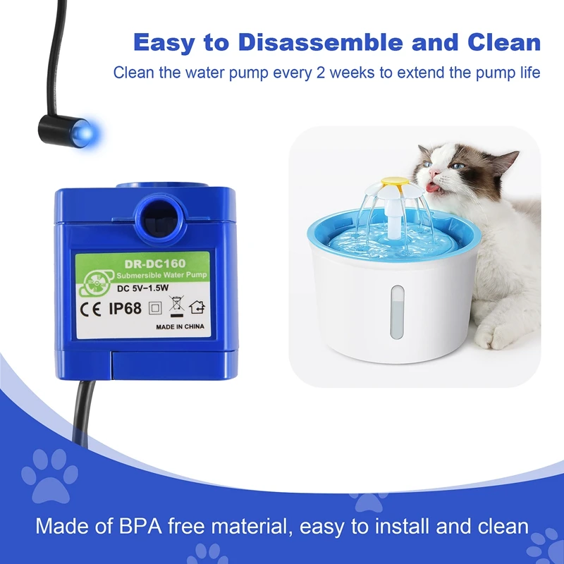 Cat Water Fountain Pump, Pet Water Fountain Pump Replacement Pump DR-DC160 Motor For Round, Flower Cap Cat Fountain