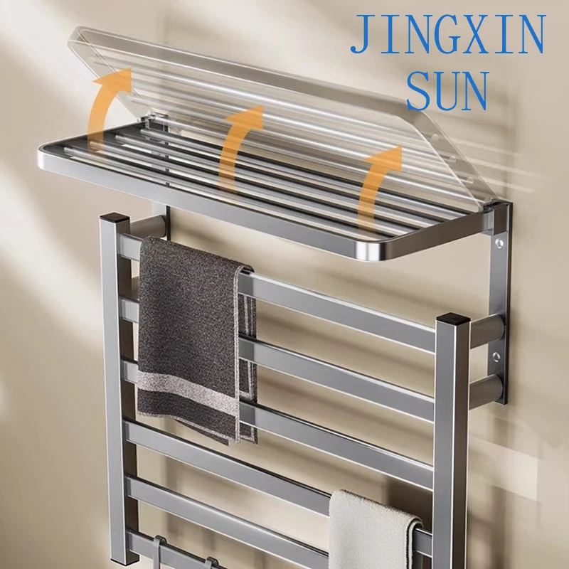 Electric Heating Towel Rack Black Bathroom Towel Drying Rack Light Emitting Diode Timing Thermostat Folding Electric Towel Rack