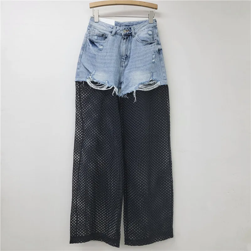 Hollow Splicing Mesh Drape Wide-leg Pants Women's Early Spring 2025 New Loose Straight Casual Trousers High Waisted Jeans