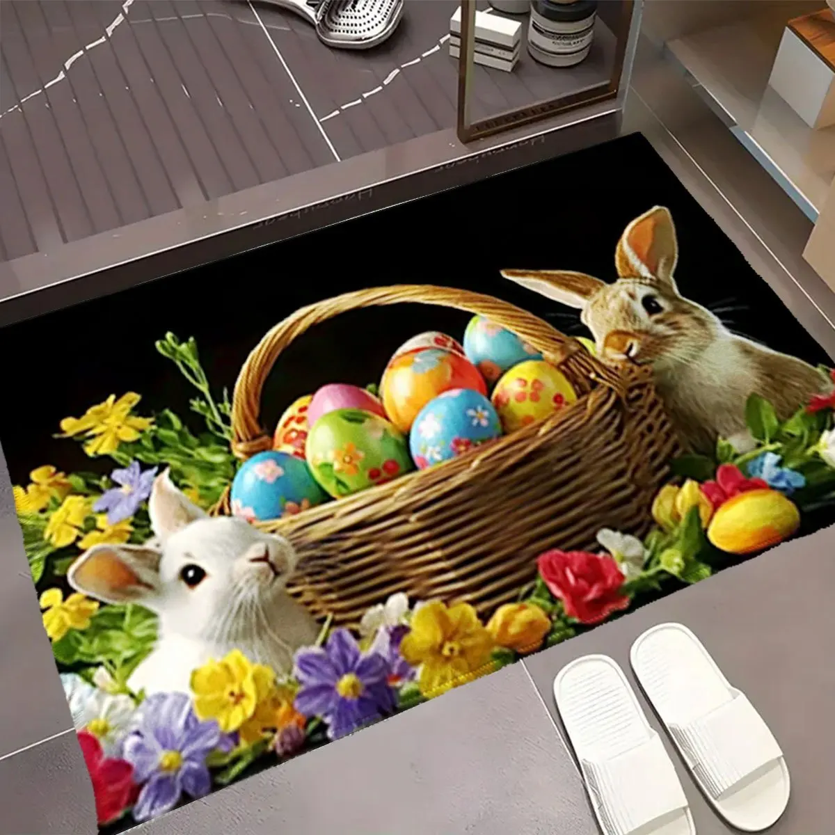 Cute Easter Spring Bunny Floral Welcome Doormat Entrance Mat Holiday Porch Decor Rabbit Egg Basket Indoor Outdoor Waterproof Rug